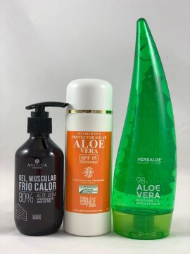 Pack Gel Aloe Vera pur 98% 200ml, Gel Relaxant Froid-Chaud & Crème Solaire SPF15
