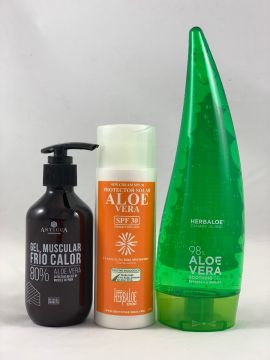 Pack Gel Aloe Vera pur 98% 200ml, Gel Relaxant Froid-Chaud & Crème Solaire SPF30